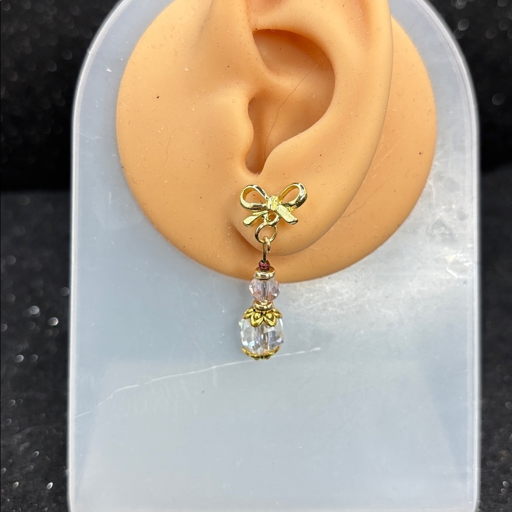 Gold Bow Crystal Drop Earrings - Pink/Clear - Picture 2 of 3